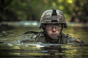 American Soldier Swimming Across River