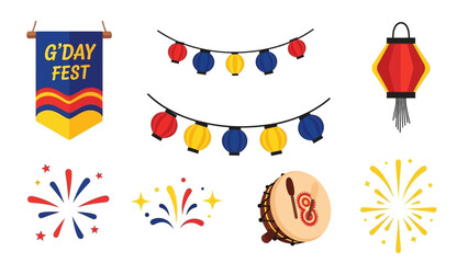 Festivities displayed with banners lanterns fireworks and a drum