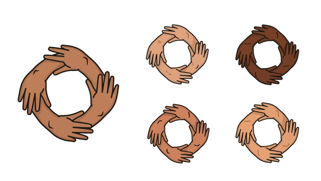 Five circles formed by diverse hands representing unity strength  inclusivity arranged on a white background