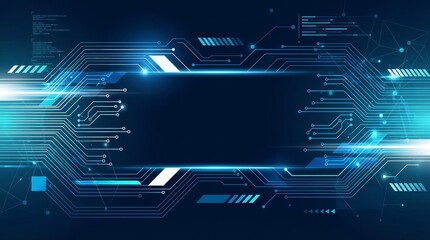A vibrant deep blue background showcases intricate glowing light blue circuit patterns and data streams. It evokes a sense of modern digital connectivity and innovation.