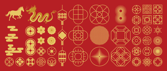 Naklejka na ściany i meble Chinese New Year decorative element vector illustration with gold dragon, horse, lanterns, lucky symbols, geometric patterns and festive traditional motifs. Design for greeting cards and packaging.