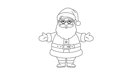 Fototapeta premium A black and white outline drawing of a friendly Santa Claus with a big beard, glasses, and a hat, standing with arms outstretched.
