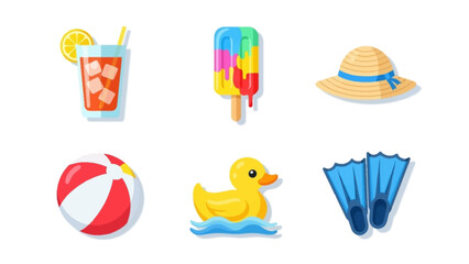 Six summer themed icons are arranged on a white background © Donjuan Visual