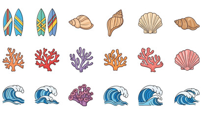 Surfboards shells coral  waves depicted in colorful cartoon drawings organized in rows