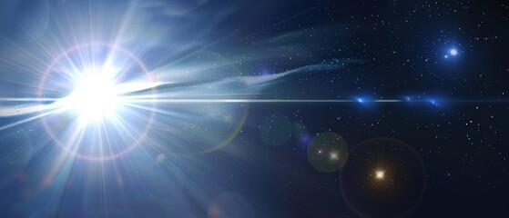 A dazzling starburst illuminating the dark expanse of outer space with scattered starlight and glowing lens flares, creating a serene cosmic view.