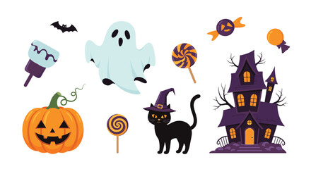Cute cartoon Halloween illustrations featuring a ghost, pumpkin, black cat, haunted house, candies, bat, and marshmallow treat.