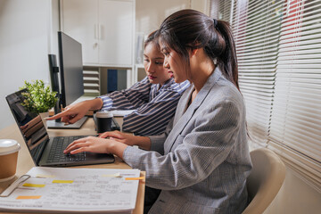 Young women business team work online home office learn project strategy people collaborate, sharing ideas at laptop computer, planning future tasks and remote employment success