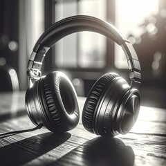 Headphones rest on rustic wooden table