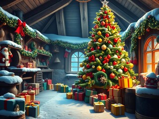 Santa's workshop scene with a tall, fully decorated Christmas tree and gifts piled at its base, christmas tree,  abundant