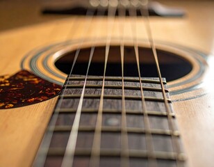 Fototapeta premium Close-up of guitar strings and frets revealing fine craftsmanship.