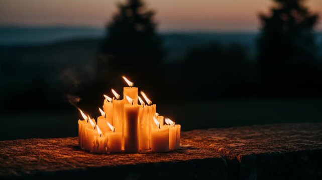 Cluster of Glowing Candles Illuminating a Stone Surface at Dusk with Blurry Landscape Background
