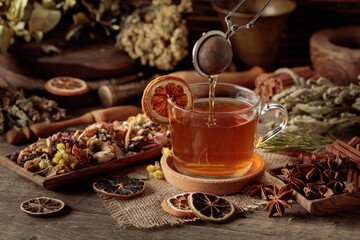 Tea with ingredients and slices of dried oranges.
