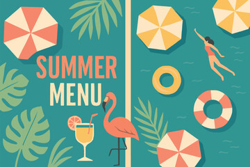 Vibrant summer scene featuring beach umbrellas, palm leaves, a pink flamingo, refreshing drinks, and people swimming. Ideal for menus, travel, and leisure campaigns.