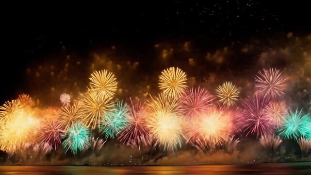 Nighttime display of bright fireworks bursting over water, with smoky haze and mirrored reflections