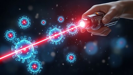 Hand Holding Laser Targeting Blue Coronavirus Cells on Dark Background