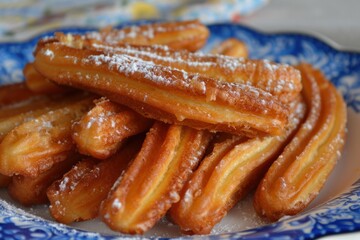 Golden brown churros, dusted with powdered sugar, create a tempting presentation on a decorative plate