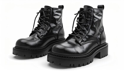 Black, lace-up, lug-sole ankle boots