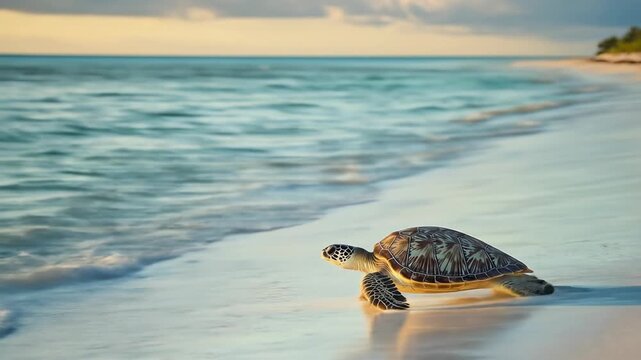 Sea turtle crawling on sandy beach towards ocean under cloudy sky