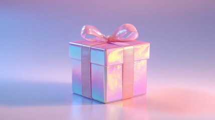 Obraz premium Iridescent gift box with delicate bow on a soft, gradient background.