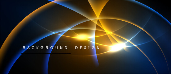Abstract design features vibrant curves, glowing lines. Dark background emphasizes bright yellow, blue elements. Modern, dynamic composition.