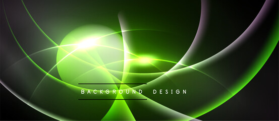 Abstract green design features flowing lines, bright light source. Dark background creates dramatic visual effect. Modern, dynamic composition.