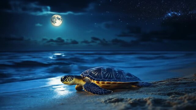 Sea turtle on sandy beach under moonlit sky ocean landscape concept