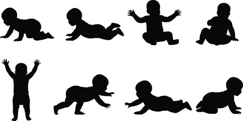 “Cute baby silhouette vector collection featuring crawling, sitting, and playing infant poses designed for creative nursery artwork, decorations, and digital projects”