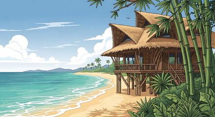 Fototapeta premium Tropical Beach Bungalow Overlooking Turquoise Ocean and Sandy Shoreline.