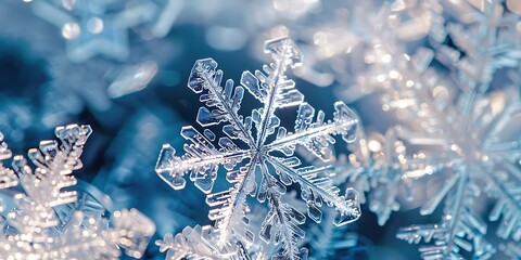 Beautiful closeup of intricate snowflakes on a light blue winter background