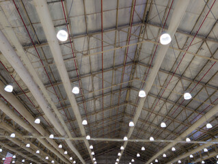 Modern Industrial Warehouse Ceiling with Steel Structure and Hanging LED Lights