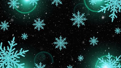 Sparkling teal snowflakes falling in a dark winter night sky