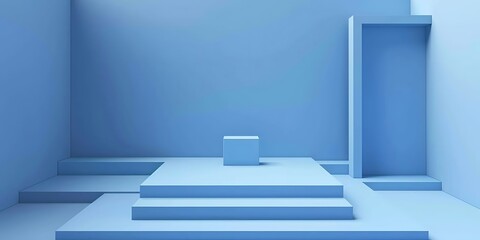 Minimalist Blue Geometric Scene with Podium and Architectural Elements for Product Display