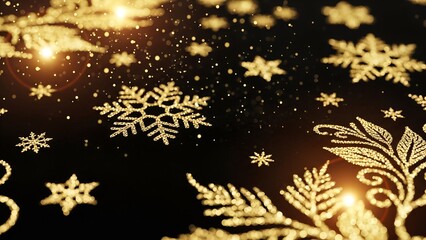 Sparkling golden snowflakes and festive lights against a dark winter night background