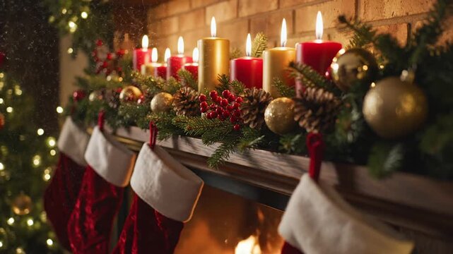 Lighting Candles on Decorated Fireplace Mantel for Holiday Season