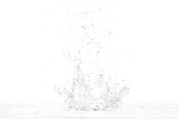 A dynamic white liquid splash erupts from a surface transparent  background, frozen mid-air with countless droplets scattering outwards