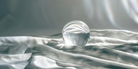 Crystal ball sitting on shimmering satin cloth creates a luxurious elegant scene