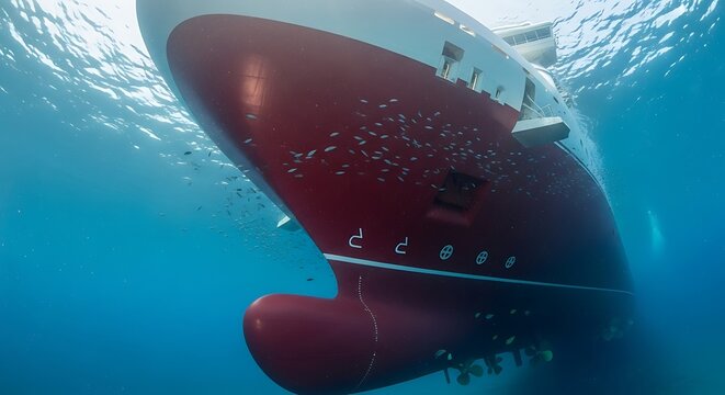 Underwater View of a Red and White Ships Hull.