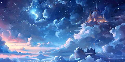 Fantasy Dreamscape with Castle in the Sky, Moonlit Clouds, and Sparkling Stars