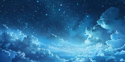 Serene Nightscape with Starry Sky and Ethereal Clouds in Dreamy Blue Tones