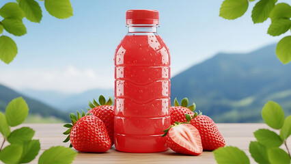 Fresh strawberry juice in a clear plastic bottle with mountain scenery and bright blue sky background, refreshing natural drink concept