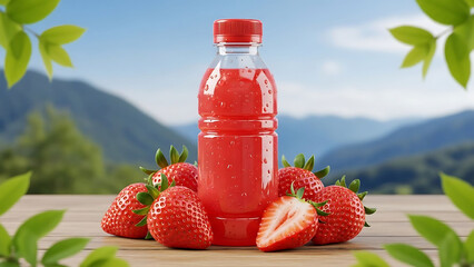 Fresh strawberry juice in a clear plastic bottle with mountain scenery and bright blue sky background, refreshing natural drink concept