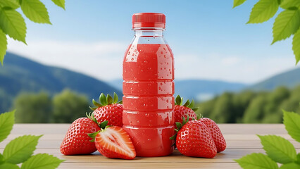 Fresh strawberry juice in a clear plastic bottle with mountain scenery and bright blue sky background, refreshing natural drink concept