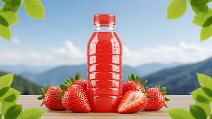 Fresh strawberry juice in a clear plastic bottle placed outdoors with a beach and bright blue sky background, refreshing summer drink concept
