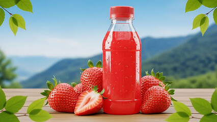 Fresh strawberry juice in a clear plastic bottle with mountain scenery and bright blue sky background, refreshing natural drink concept