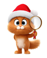 Obraz premium An adorable, fluffy 3D rendered ginger kitten mascot wearing a red Santa Claus hat holds a magnifying glass, looking curious and ready to search, isolated on a clean white backgrou
