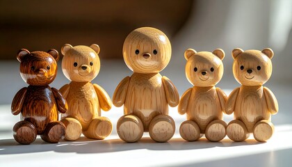 Wooden teddy bear figures in row with soft lighting and decorative appeal
