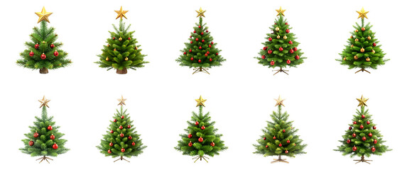 Collection of green decorated trees decorated with gold stars ornaments isolated on transparent background