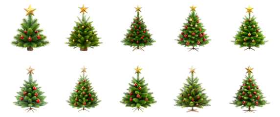 Collection of green decorated trees decorated with gold stars ornaments isolated on transparent background
