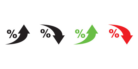 Percent Arrow Icons Set: Growth, Increase, Decrease Filled Up and Down Arrows