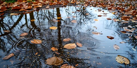 Autumn Leaves in a Puddle with Reflection of Trees and Sky